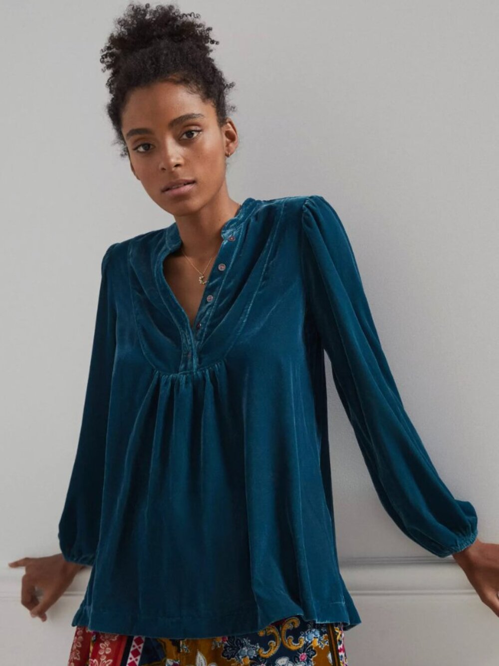 Anthropologie Hillary Teal Blue Velvet Peasant Top Blouse-Small